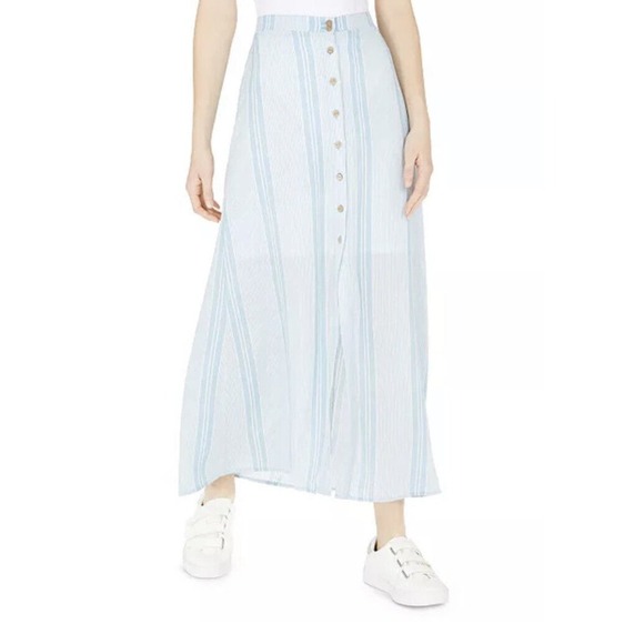 NWT Be Bop Striped Button-Front Maxi Skirt Lined Blue Ivory Sz M Rayon Juniors - Picture 1 of 11